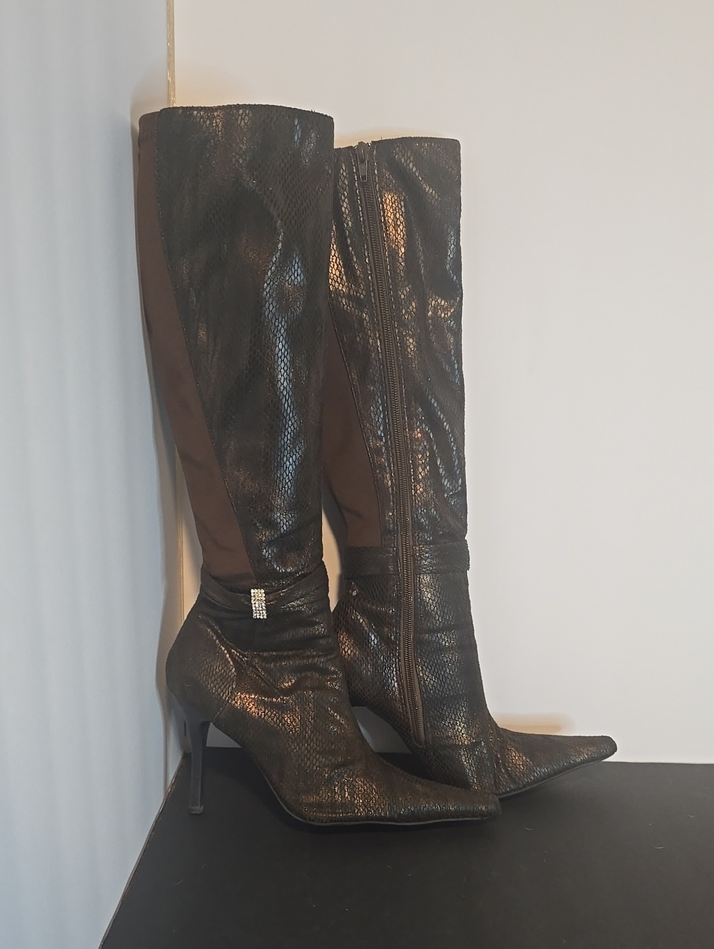 Vintage Luichiny Pointed Toe Knee-High Stiletto Boots with Rhinestone Accent